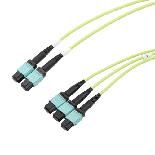 Picture of 3xMPO8 no pins to 2xMPO12 no pins, OM5 50/125um Multimode, LSZH Jacket, Lime Green, 3 meter