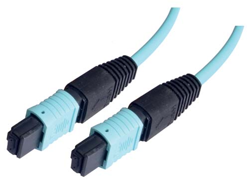Picture of MPO w/o pins to MPO w/o pins, 12 Fiber Ribbon, OM4 100G 50/125 Multimode, LSZH Jacket, Aqua, 15.0m
