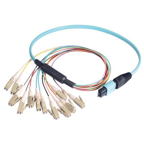 Picture of MPO Male to 12x LC Fan-out, 12 Fiber Ribbon, OM3 10G 50/125 Multimode, OFNR Jacket, Aqua, 5.0m