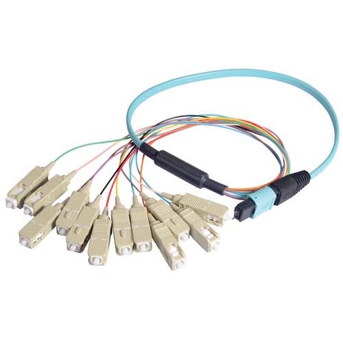 Picture of MPO Male to 12x SC Fan-out, 12 Fiber Ribbon, OM3 10G 50/125 Multimode, OFNR Jacket, Aqua, 1.0m