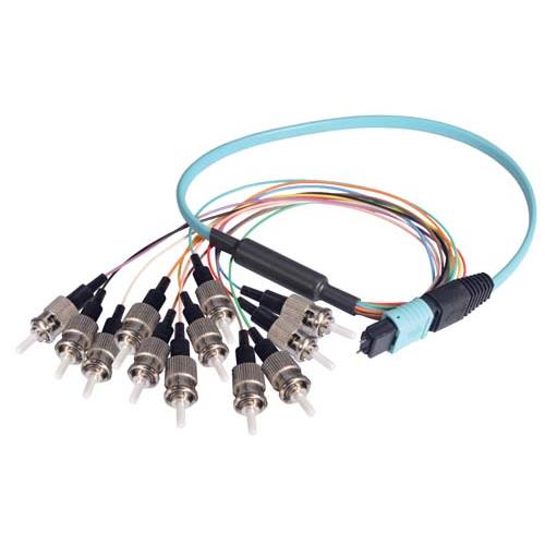 Picture of MPO Male to 12x ST Fan-out, 12 Fiber Ribbon, OM4 100G 50/125 Multimode, LSZH Jacket, Aqua, 1.0m