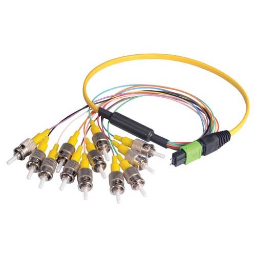 Picture of MPO Male to 12x ST Fan-out, 12 Fiber Ribbon, 9/125 Singlemode, OFNR Jacket, Yellow, 5.0m