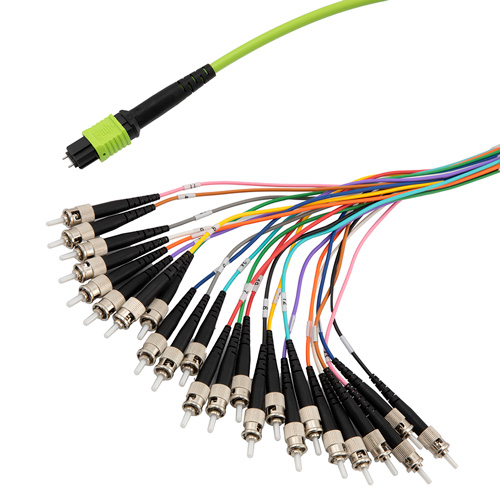 Picture of MPO w/ pins to ST Fan-out, 24 fiber round,OM3 50/125um Multimode, OFNR Jacket, Aqua, 1 meter