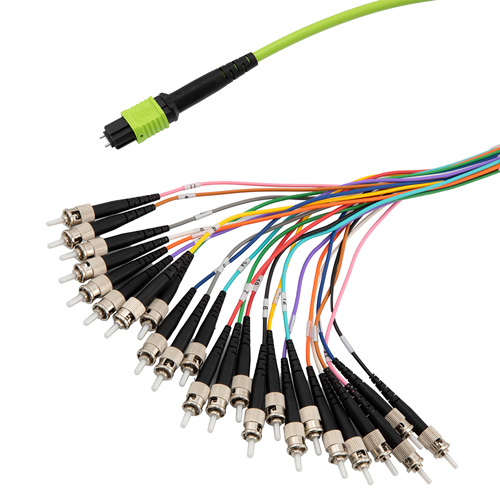 Picture of MPO w/ pins to ST Fan-out, 24 fiber round,OM4 50/125um Multimode, OFNR Jacket, Aqua, 3 meter