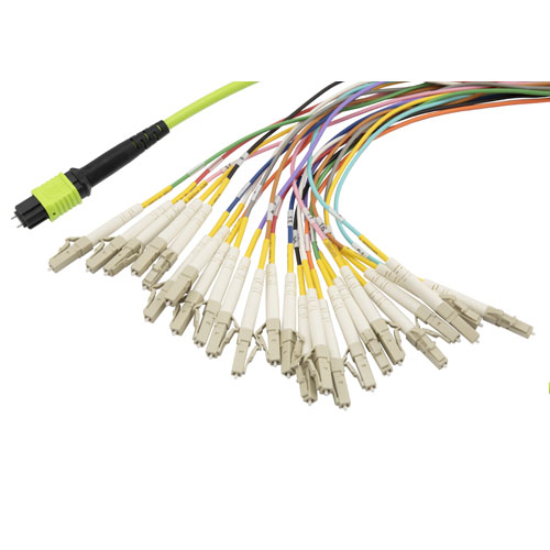 Picture of MPO w/ pins to LC Fan-out, 24 fiber round,OM5 50/125um Multimode, OFNR Jacket, Lime Green, 1 meter