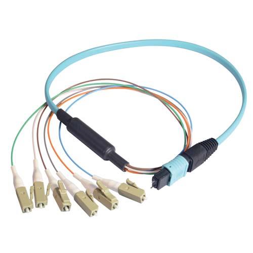 Picture of MPO Male to 6x LC Fan-out, 6 Fiber Ribbon, OM3 10G 50/125 Multimode, OFNR Jacket, Aqua, 0.5m