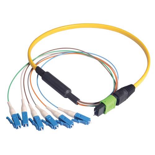 Picture of MPO Male to 6x LC Fan-out, 6 Fiber Ribbon, 9/125 Singlemode, OFNR Jacket, Yellow, 5.0m