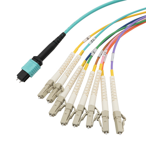 Picture of MPO w/ pins to FLC Fan-out, 8 fiber round,OM4 50/125um Multimode, OFNR Jacket, Aqua, 3 meter