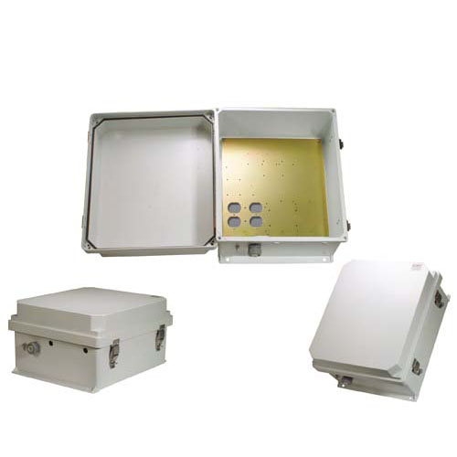 Picture of 14x12x07 Fiberglass Reinf Polyester FRP Weatherproof Outdoor IP66 NEMA 4 Enclosure, Modified Base Drilled Mount Gray