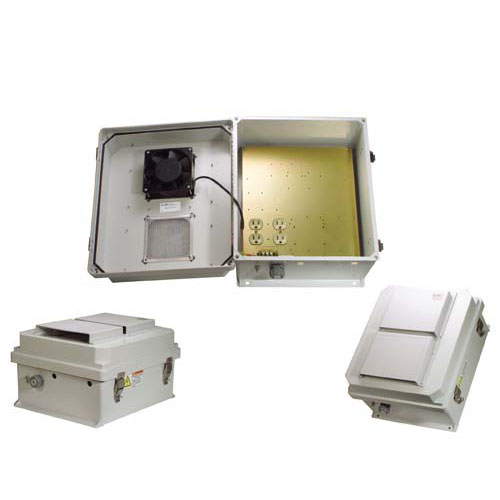 Picture of 14x12x07 Fiberglass Reinf Polyester FRP Weatherproof Outdoor IP24 NEMA 3R Enclosure, 120 VAC MNT PLT, Solid State Thermostat Heat & Fan Gray
