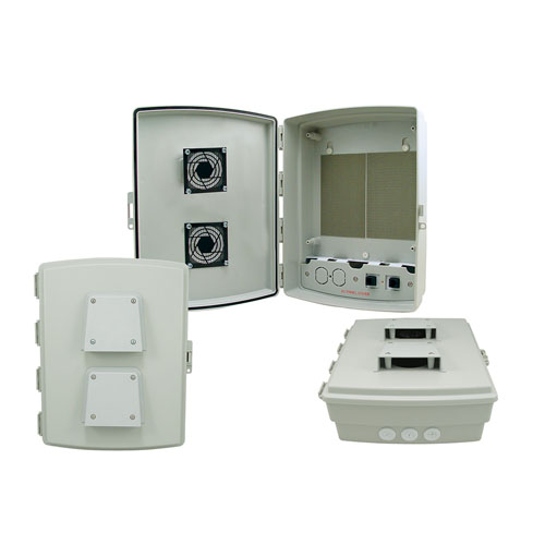 Picture of 14x10x04 ABS Plastic Weatherproof Outdoor IP24 NEMA 3R Enclosure, Hook & Loop Mounting, Vent Lid & 48 VDC PoE outlets Gray