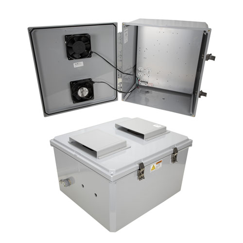 Picture of 18x16x10 Polycarb Weatherproof NEMA 3R Encl, 120VAC Mount Plate Mech Therm 85°F Turn on Fan Dark Gry