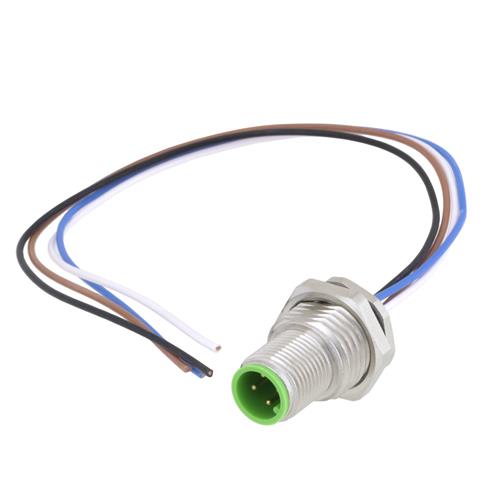 Picture of M12 4 Pin A Code Male Receptacle, IP67 Rated, Front Mounting Style with 0.2m Leads
