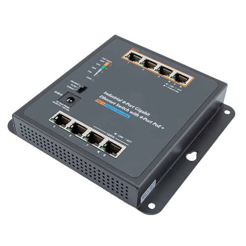 Picture of 8 Port Industrial Gigabit PoE Ethernet Switch, 4x RJ45 10/100/1000TX, 4x RJ45 10/100/1000TX PoE+ 802.3at/af 60W, Wall, Magnetic , DIN Mount