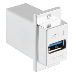 Picture of USB 3.0 Adapter Coupler Panel Mount ECF Flange Style Type 3, A Type Female to A Type Female, Chrome Plated Shielded ABS Housing, Silver