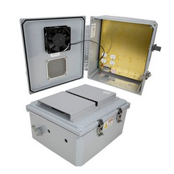 Picture of 14x12x06 Polycarb Weatherproof NEMA 3R Encl, 120VAC Mount Plate Mech Thermostat Heat & Fan Dark Gray