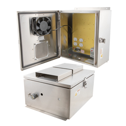 Picture of 14x12x07 Stainless Steel Weatherproof Outdoor IP24 NEMA 3R Enclosure, 120VAC Mount Plate User Adjustable Thermostat Heat & Fan
