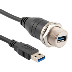 Picture of Waterproof USB 3.0 Cable Assembly, IP67 Panel Mount Metal A Female Jack to Standard A Male Plug, 30/24AWG, PVC, Black, 1.0M