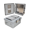 Picture of 14x12x06 Polycarb WthPrf NEMA 3R Enclosure,120-240VAC Univ Outlet Mnt Plate, Vented Dark Gray