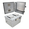 Picture of 18x16x10 Polycarb Weatherproof NEMA 3R Encl, 120-240VAC Univ Outlet Mount Plate Vented Lid Dark Gray